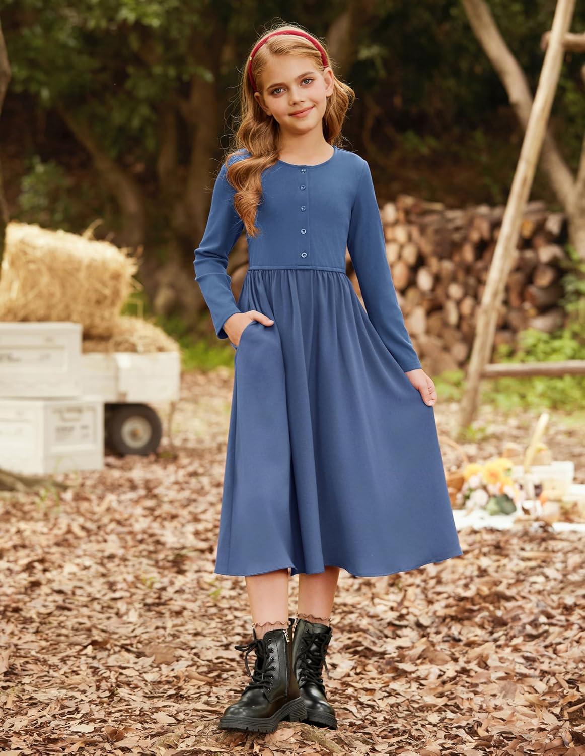 imageGRACE KARIN Girls Spring Long Sleeve Dresses Girl Casual Maxi Dress with Pockets Kids Formal Party DressNavy Blue