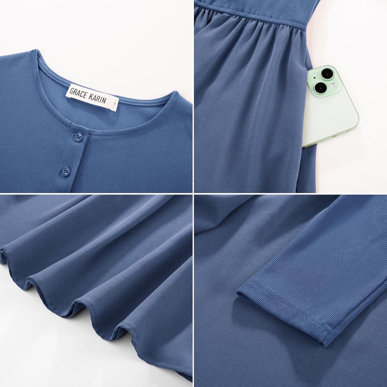 imageGRACE KARIN Girls Spring Long Sleeve Dresses Girl Casual Maxi Dress with Pockets Kids Formal Party DressNavy Blue