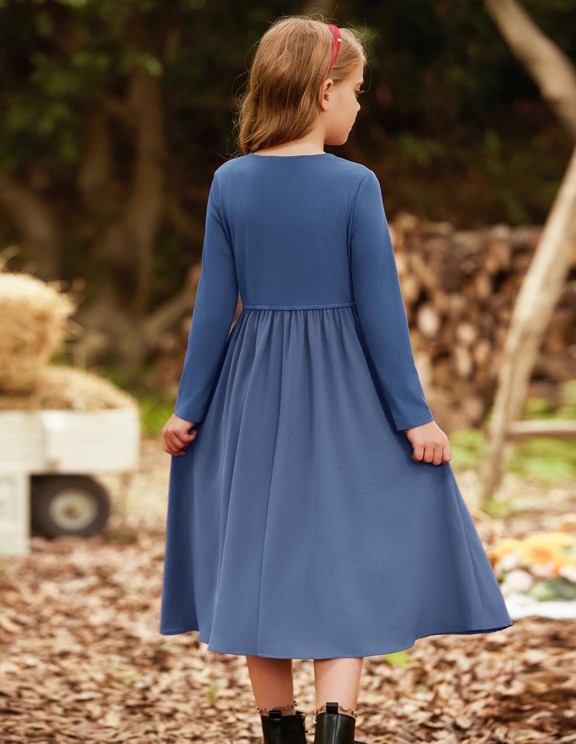 imageGRACE KARIN Girls Spring Long Sleeve Dresses Girl Casual Maxi Dress with Pockets Kids Formal Party DressNavy Blue