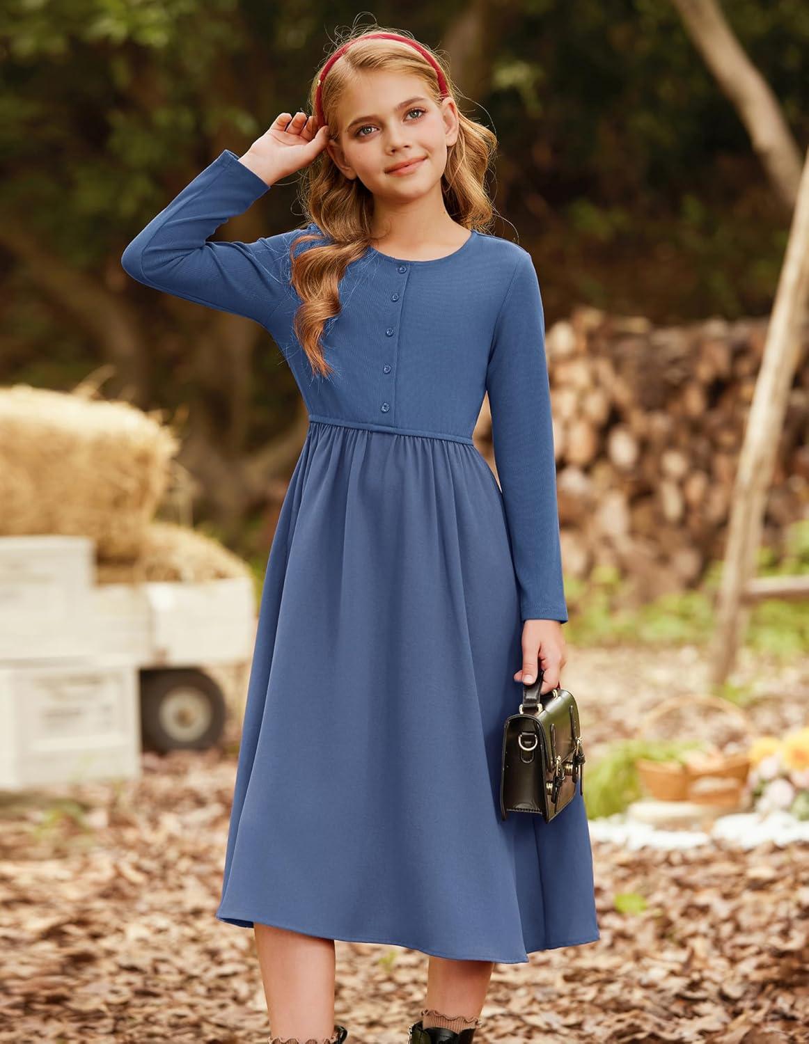 imageGRACE KARIN Girls Spring Long Sleeve Dresses Girl Casual Maxi Dress with Pockets Kids Formal Party DressNavy Blue