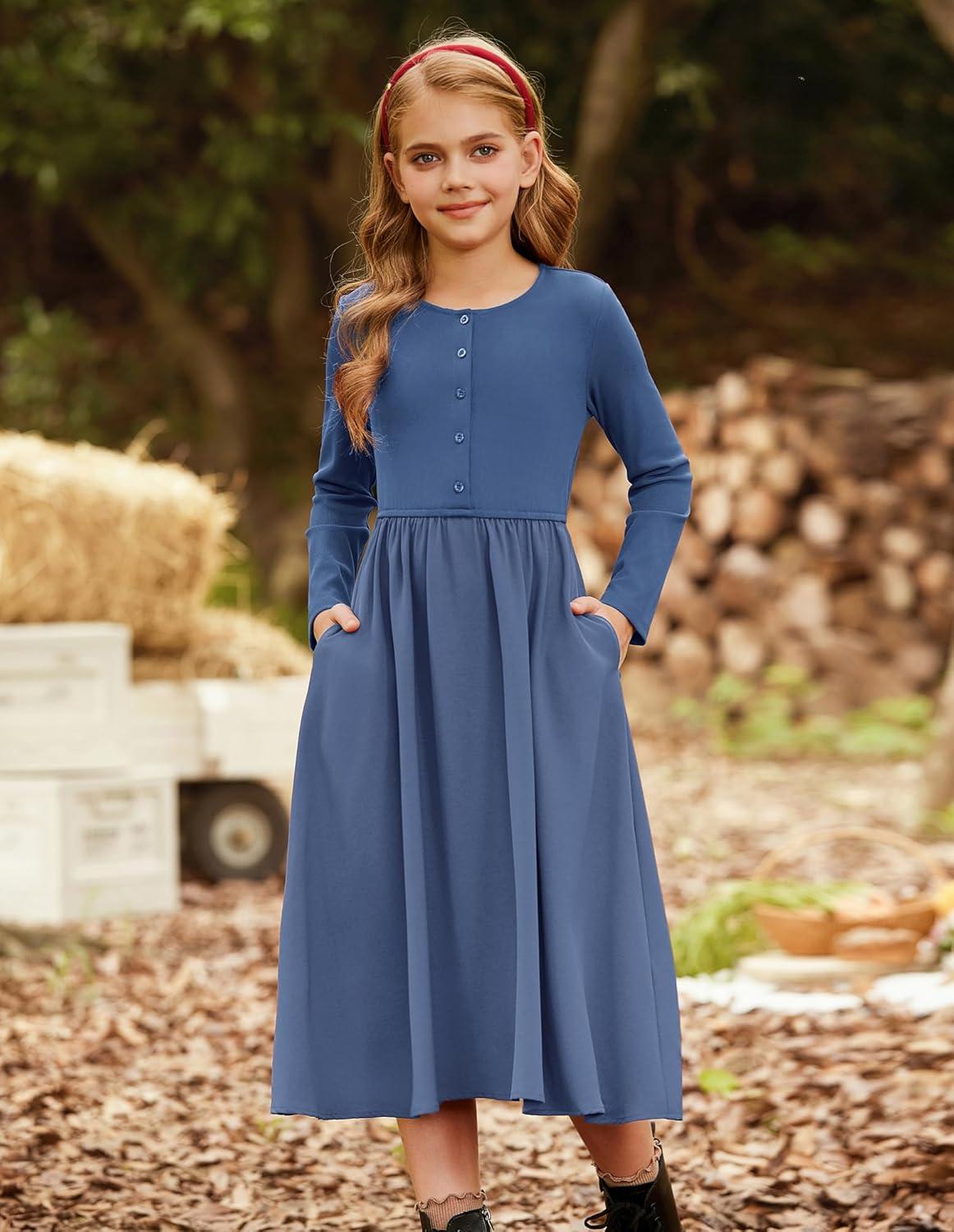 imageGRACE KARIN Girls Spring Long Sleeve Dresses Girl Casual Maxi Dress with Pockets Kids Formal Party DressNavy Blue