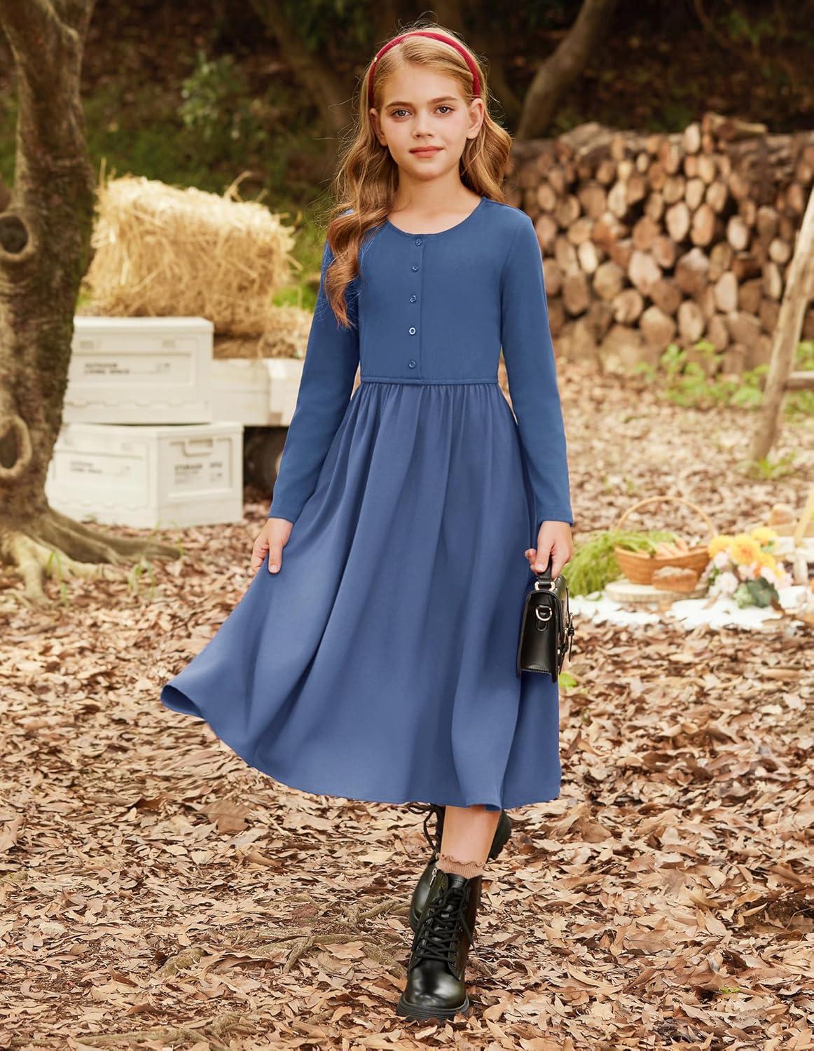 imageGRACE KARIN Girls Spring Long Sleeve Dresses Girl Casual Maxi Dress with Pockets Kids Formal Party DressNavy Blue