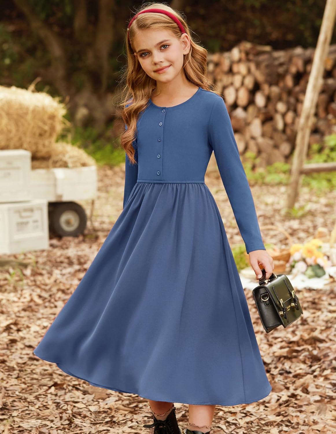imageGRACE KARIN Girls Spring Long Sleeve Dresses Girl Casual Maxi Dress with Pockets Kids Formal Party DressNavy Blue