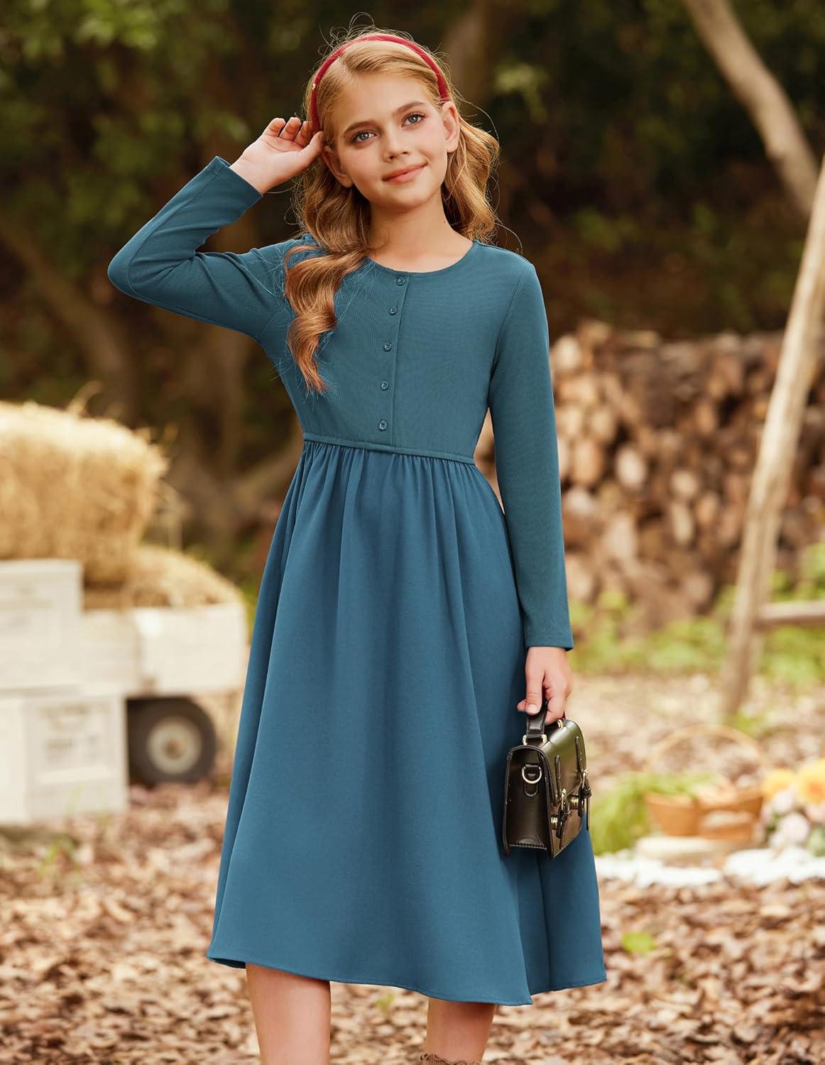 imageGRACE KARIN Girls Spring Long Sleeve Dresses Girl Casual Maxi Dress with Pockets Kids Formal Party DressTeal