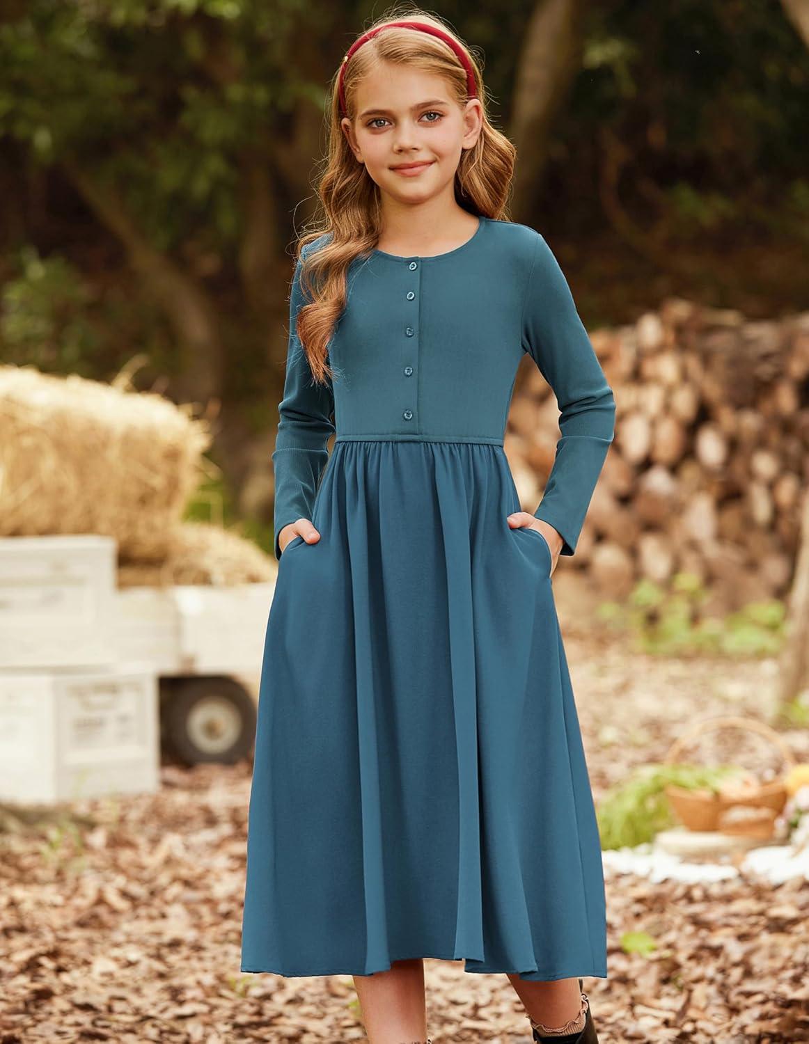 imageGRACE KARIN Girls Spring Long Sleeve Dresses Girl Casual Maxi Dress with Pockets Kids Formal Party DressTeal