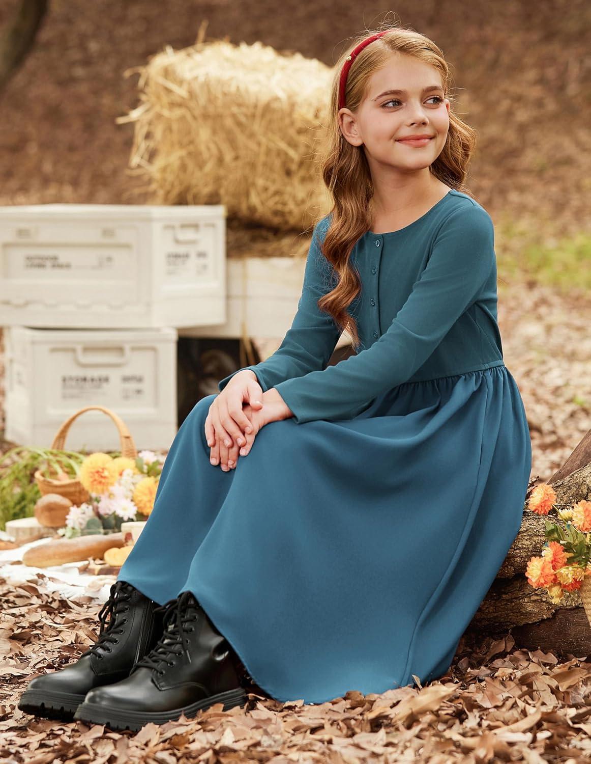 imageGRACE KARIN Girls Spring Long Sleeve Dresses Girl Casual Maxi Dress with Pockets Kids Formal Party DressTeal