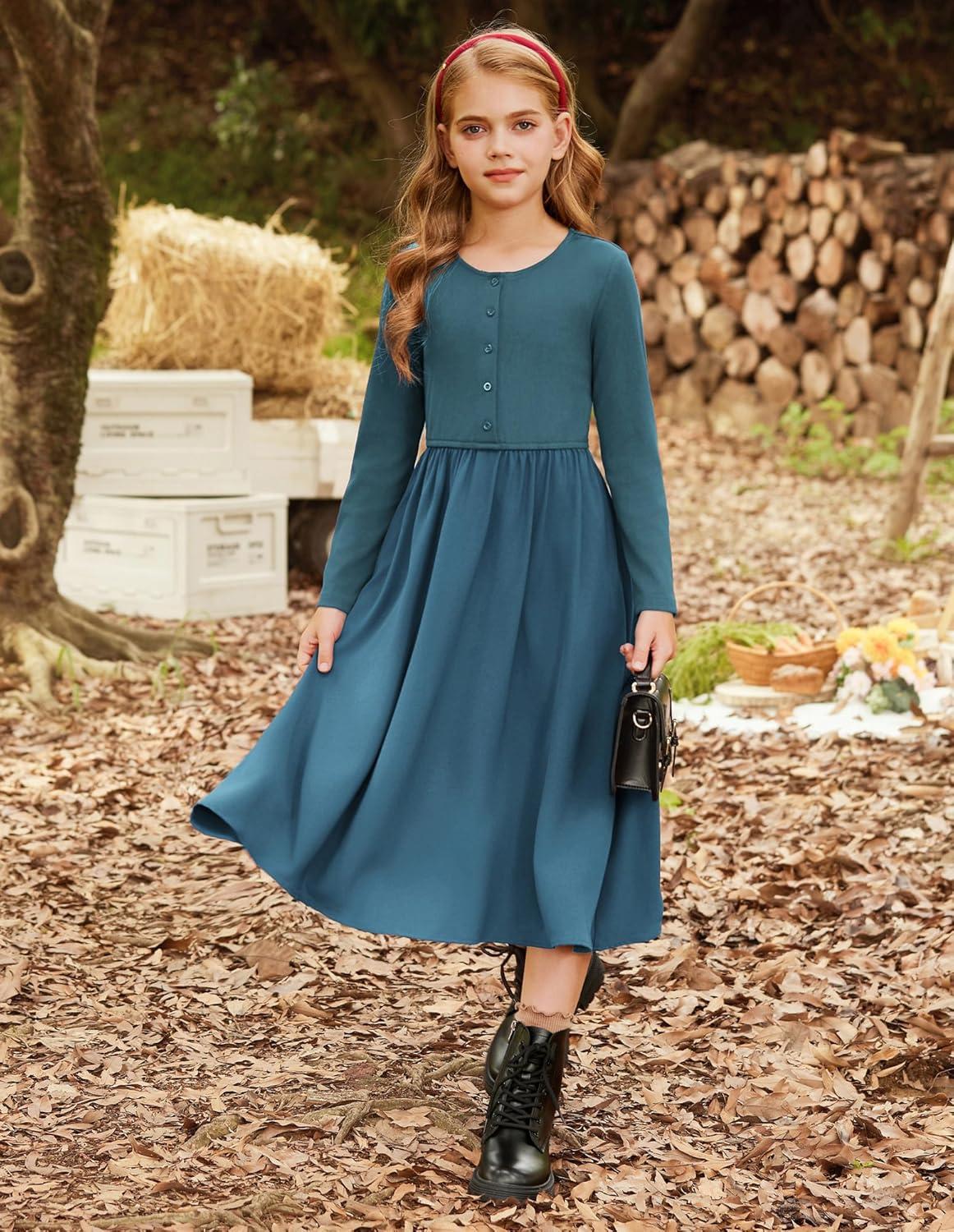 imageGRACE KARIN Girls Spring Long Sleeve Dresses Girl Casual Maxi Dress with Pockets Kids Formal Party DressTeal