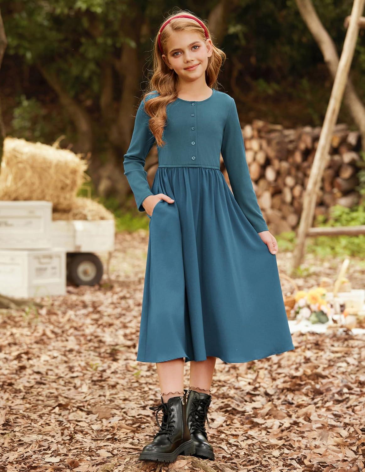 imageGRACE KARIN Girls Spring Long Sleeve Dresses Girl Casual Maxi Dress with Pockets Kids Formal Party DressTeal