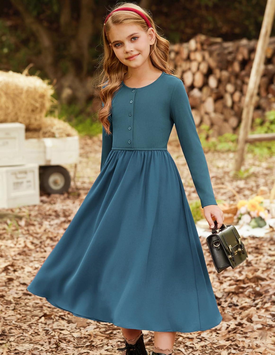 imageGRACE KARIN Girls Spring Long Sleeve Dresses Girl Casual Maxi Dress with Pockets Kids Formal Party DressTeal