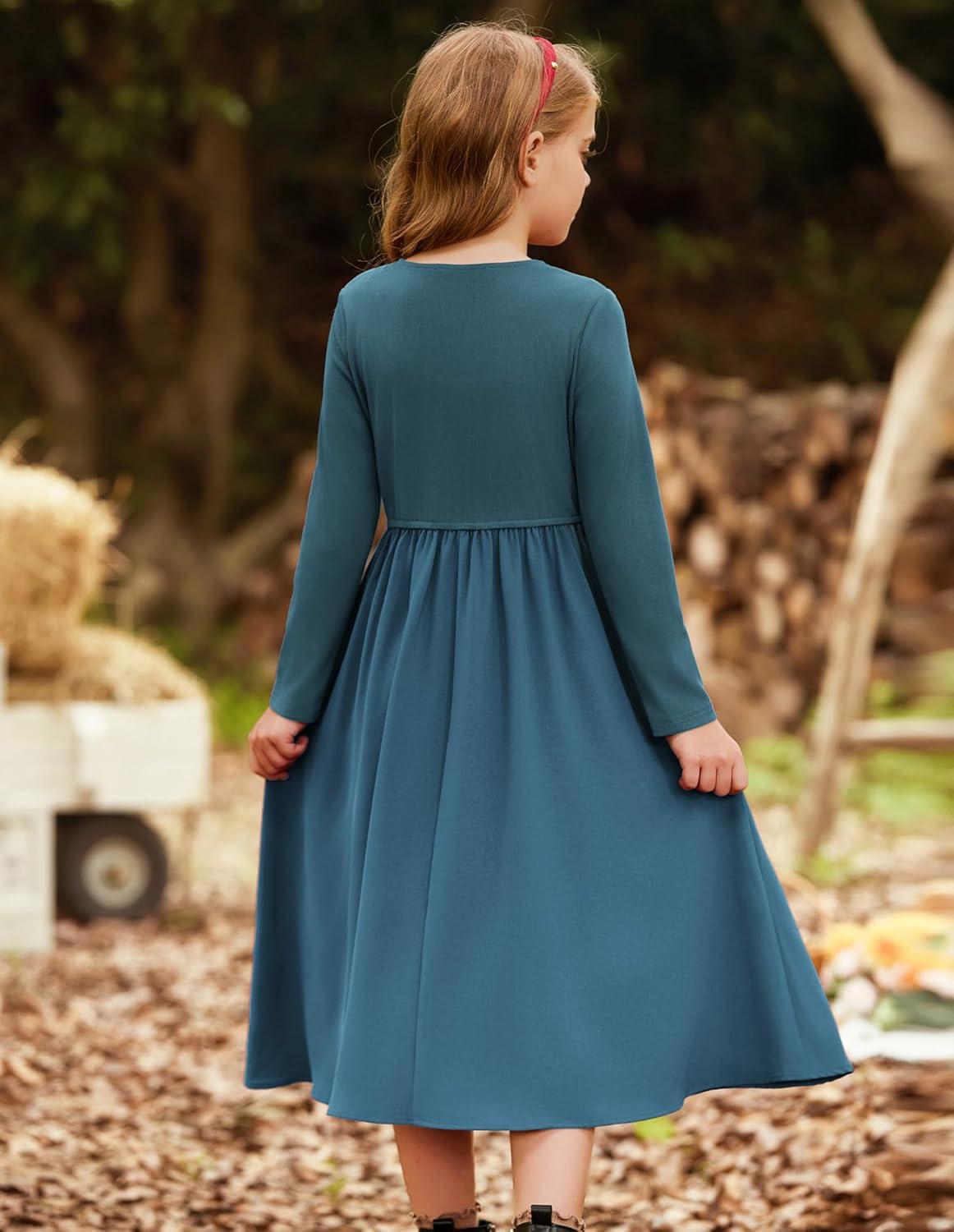 imageGRACE KARIN Girls Spring Long Sleeve Dresses Girl Casual Maxi Dress with Pockets Kids Formal Party DressTeal
