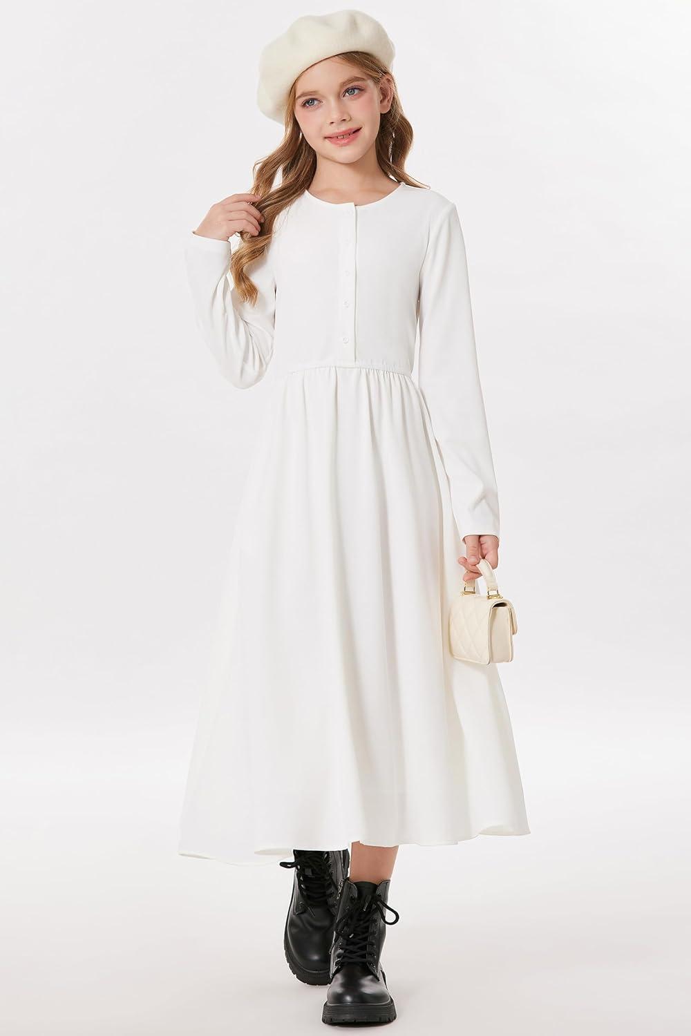 imageGRACE KARIN Girls Spring Long Sleeve Dresses Girl Casual Maxi Dress with Pockets Kids Formal Party DressWhite