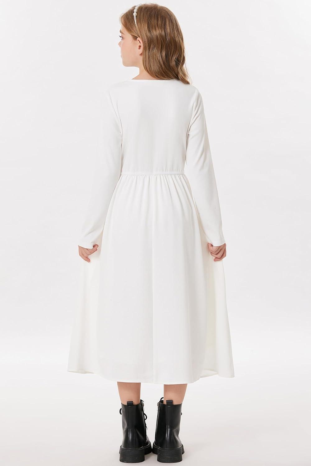imageGRACE KARIN Girls Spring Long Sleeve Dresses Girl Casual Maxi Dress with Pockets Kids Formal Party DressWhite