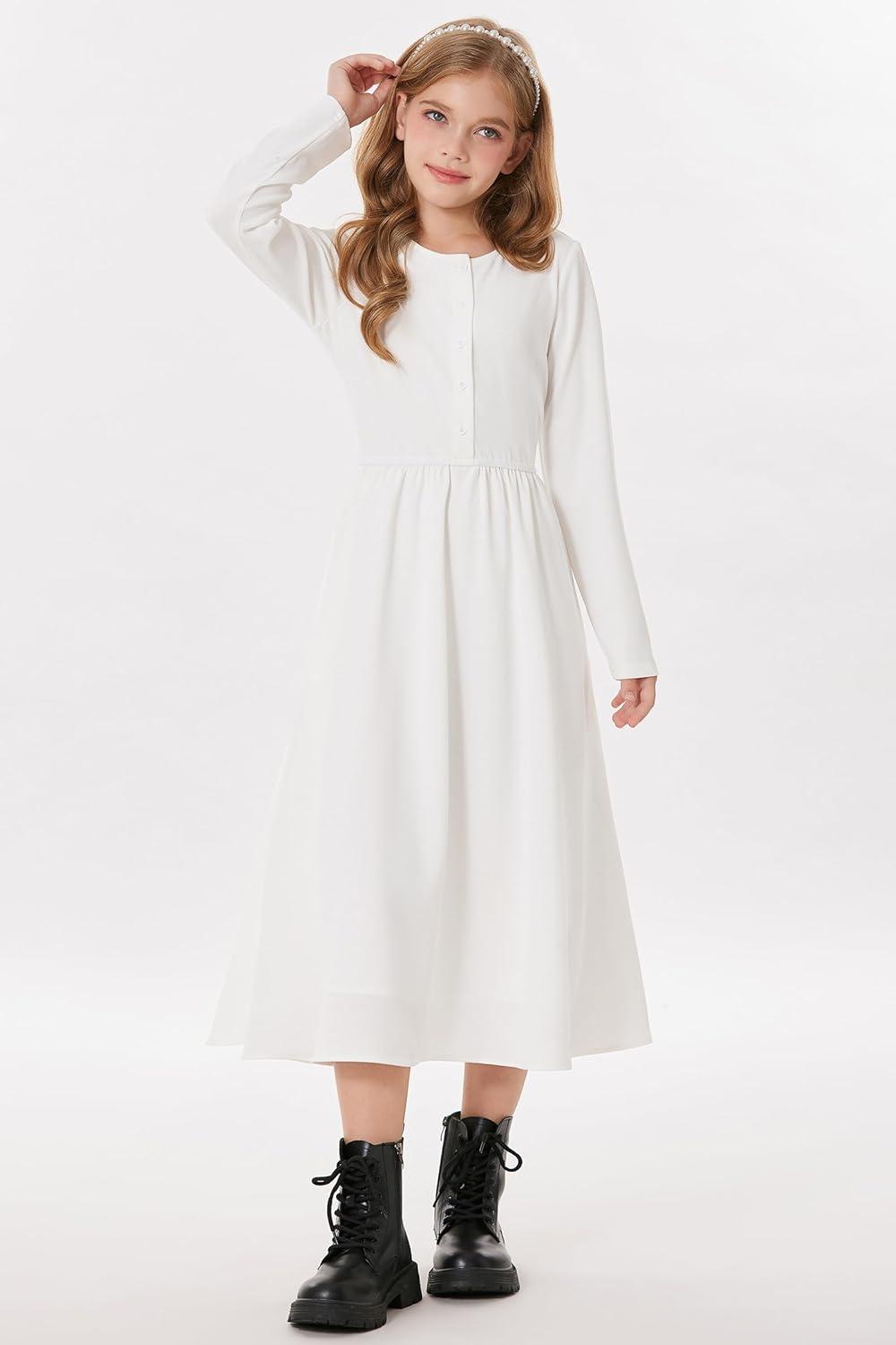 imageGRACE KARIN Girls Spring Long Sleeve Dresses Girl Casual Maxi Dress with Pockets Kids Formal Party DressWhite