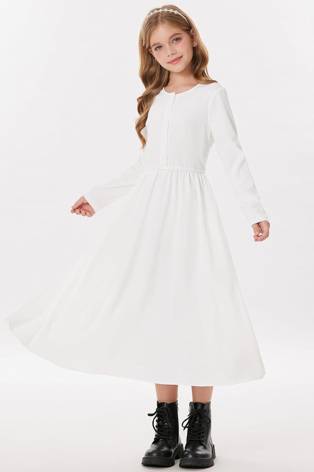 imageGRACE KARIN Girls Spring Long Sleeve Dresses Girl Casual Maxi Dress with Pockets Kids Formal Party DressWhite