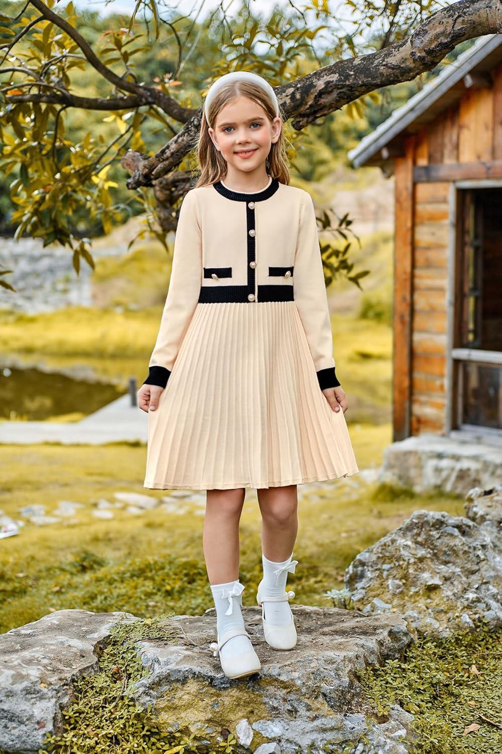 imageGRACE KARIN Girls Sweater Fall Dress Long Sleeve Knit A Line Contrast Casual Winter Dresses 614YApricot