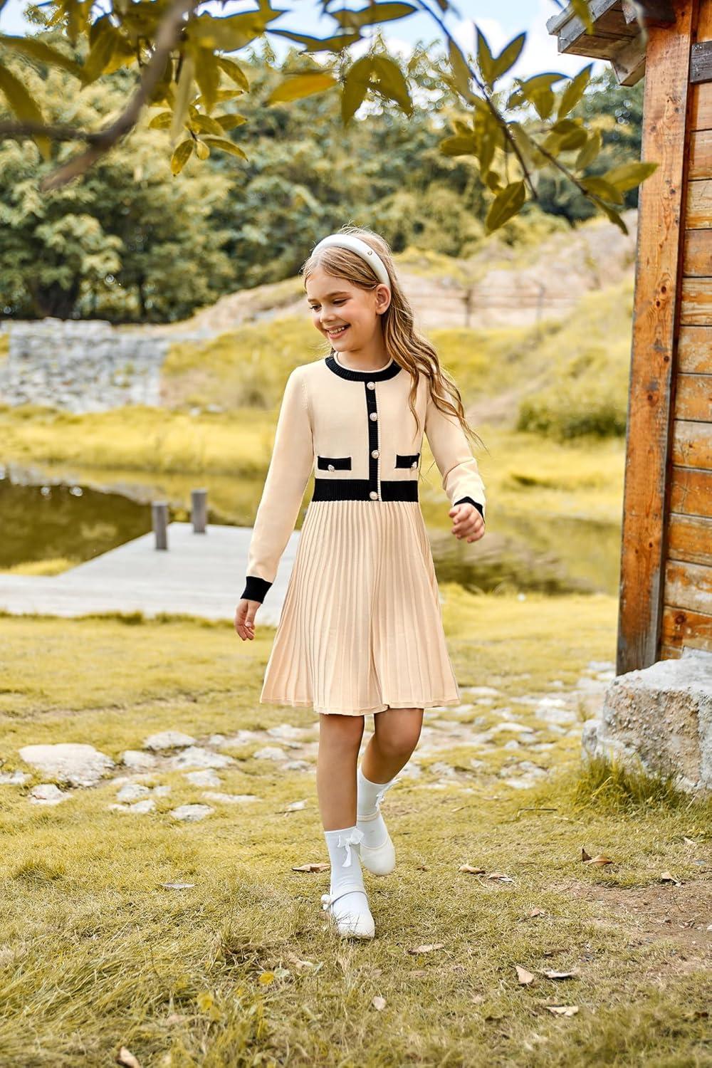 imageGRACE KARIN Girls Sweater Fall Dress Long Sleeve Knit A Line Contrast Casual Winter Dresses 614YApricot