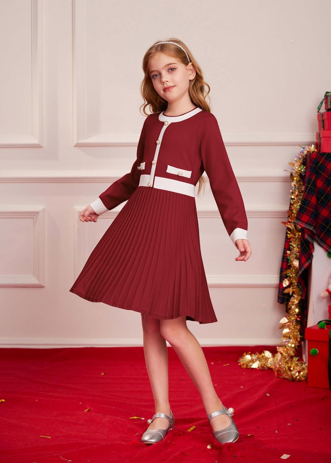imageGRACE KARIN Girls Sweater Fall Dress Long Sleeve Knit A Line Contrast Casual Winter Dresses 614YBurgundy