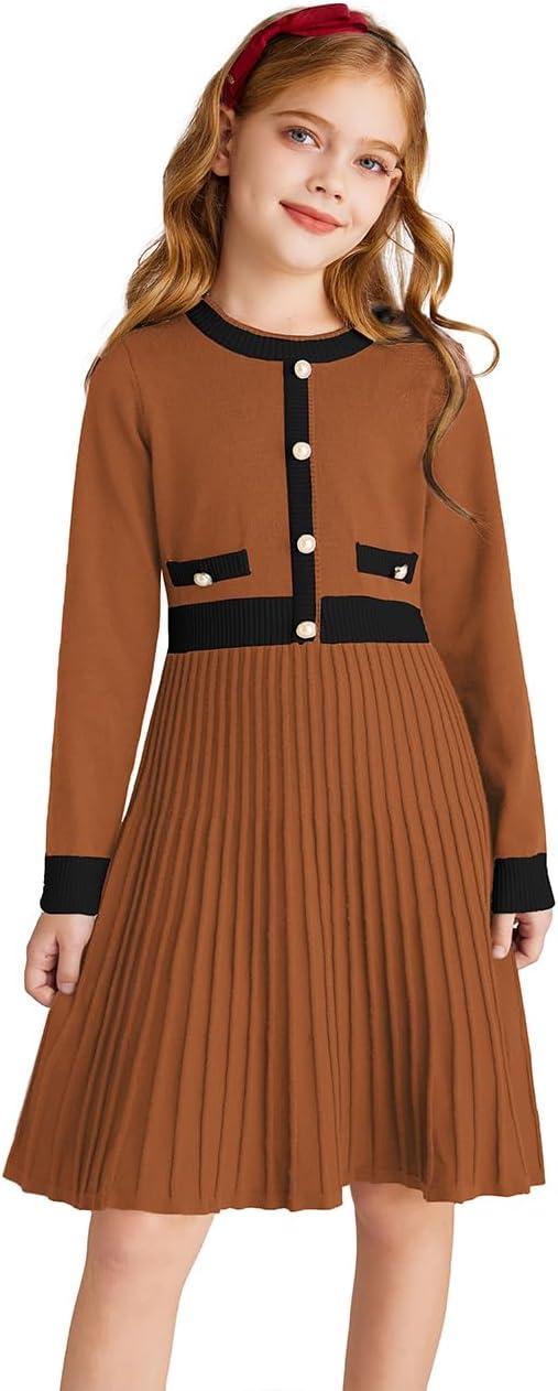 imageGRACE KARIN Girls Sweater Fall Dress Long Sleeve Knit A Line Contrast Casual Winter Dresses 614YBurnt Orange