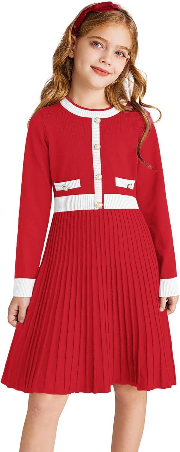 imageGRACE KARIN Girls Sweater Fall Dress Long Sleeve Knit A Line Contrast Casual Winter Dresses 614YChristmas Red