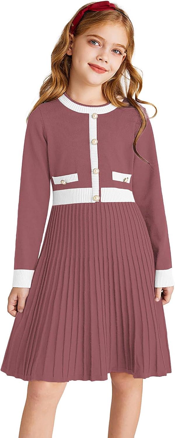 imageGRACE KARIN Girls Sweater Fall Dress Long Sleeve Knit A Line Contrast Casual Winter Dresses 614YCoffee