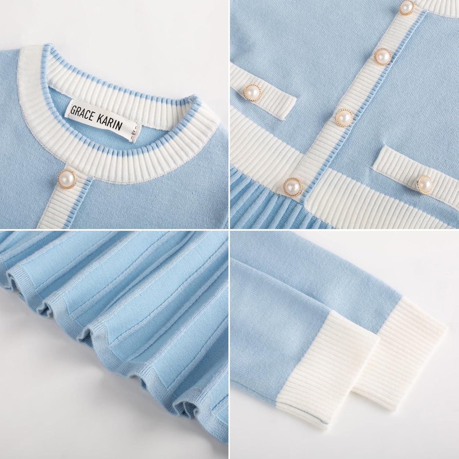 imageGRACE KARIN Girls Sweater Fall Dress Long Sleeve Knit A Line Contrast Casual Winter Dresses 614YLight Blue