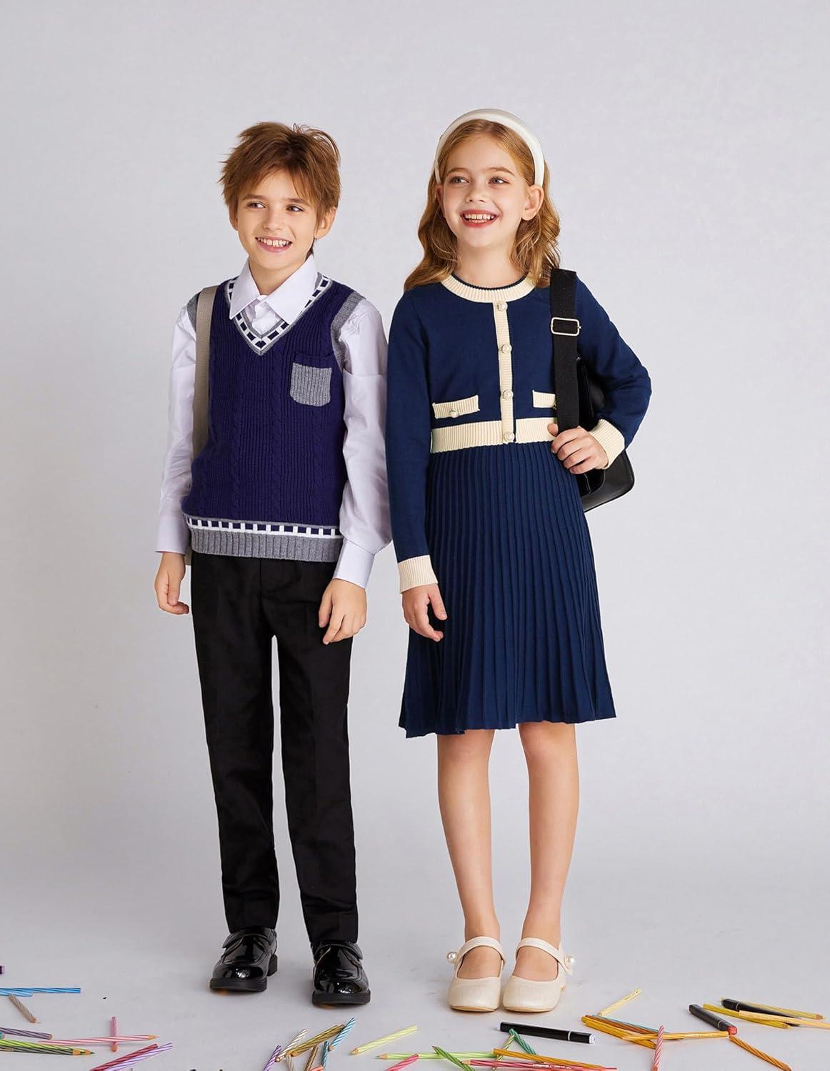 imageGRACE KARIN Girls Sweater Fall Dress Long Sleeve Knit A Line Contrast Casual Winter Dresses 614YNavy Blue