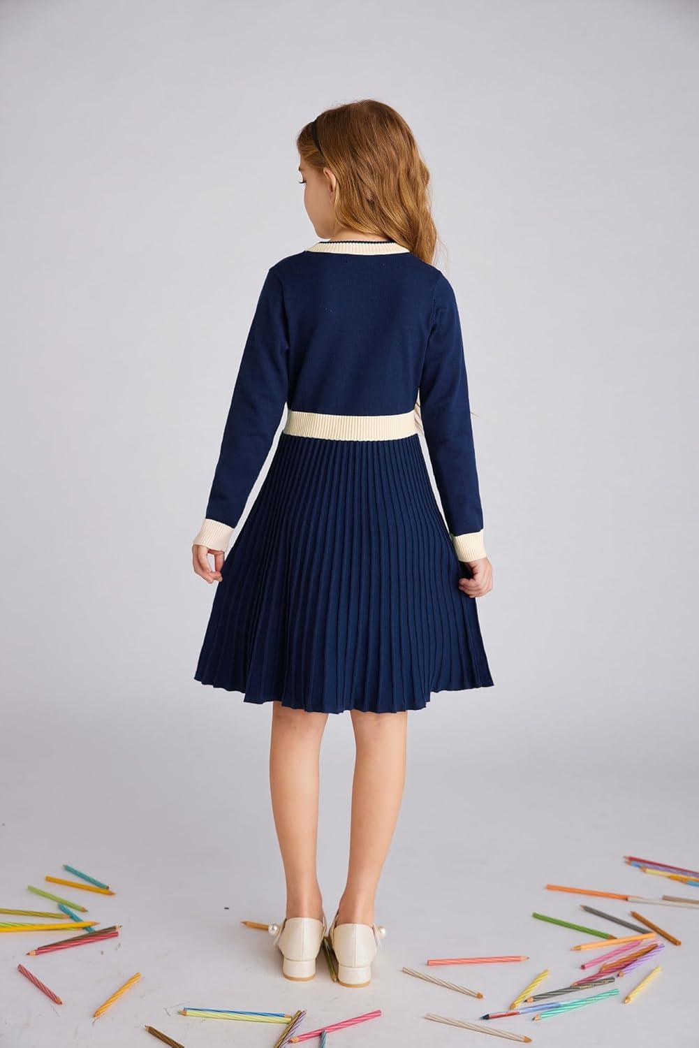 imageGRACE KARIN Girls Sweater Fall Dress Long Sleeve Knit A Line Contrast Casual Winter Dresses 614YNavy Blue