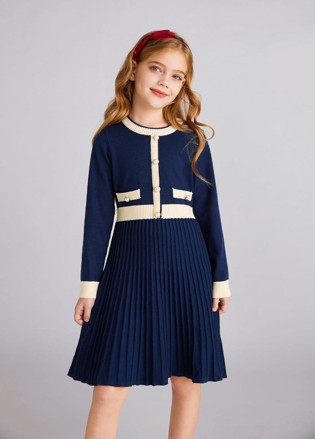 imageGRACE KARIN Girls Sweater Fall Dress Long Sleeve Knit A Line Contrast Casual Winter Dresses 614YNavy Blue