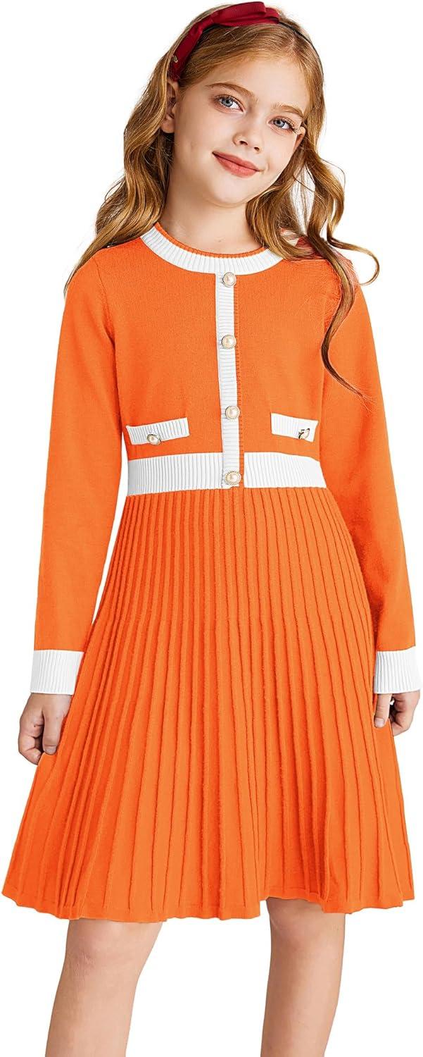 imageGRACE KARIN Girls Sweater Fall Dress Long Sleeve Knit A Line Contrast Casual Winter Dresses 614YOrange