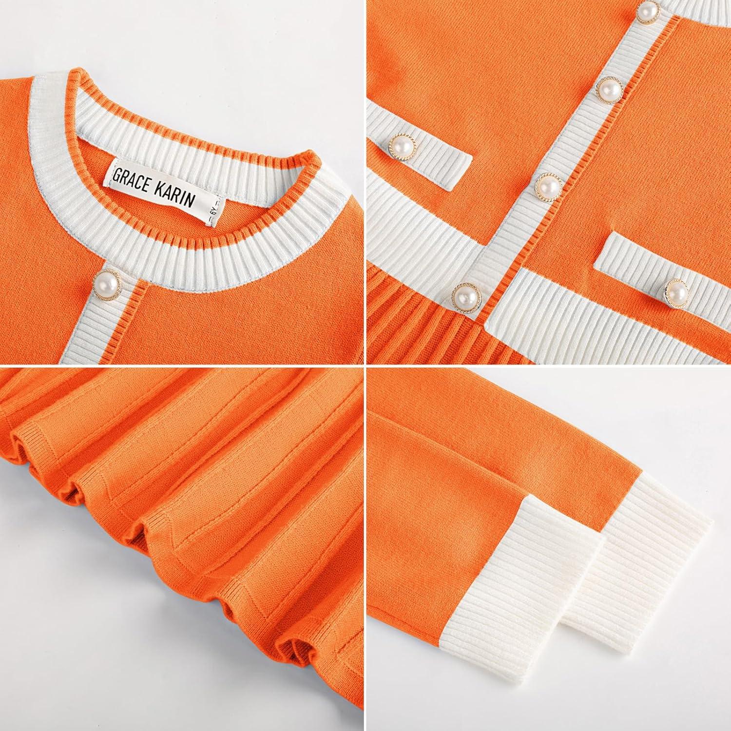 imageGRACE KARIN Girls Sweater Fall Dress Long Sleeve Knit A Line Contrast Casual Winter Dresses 614YOrange