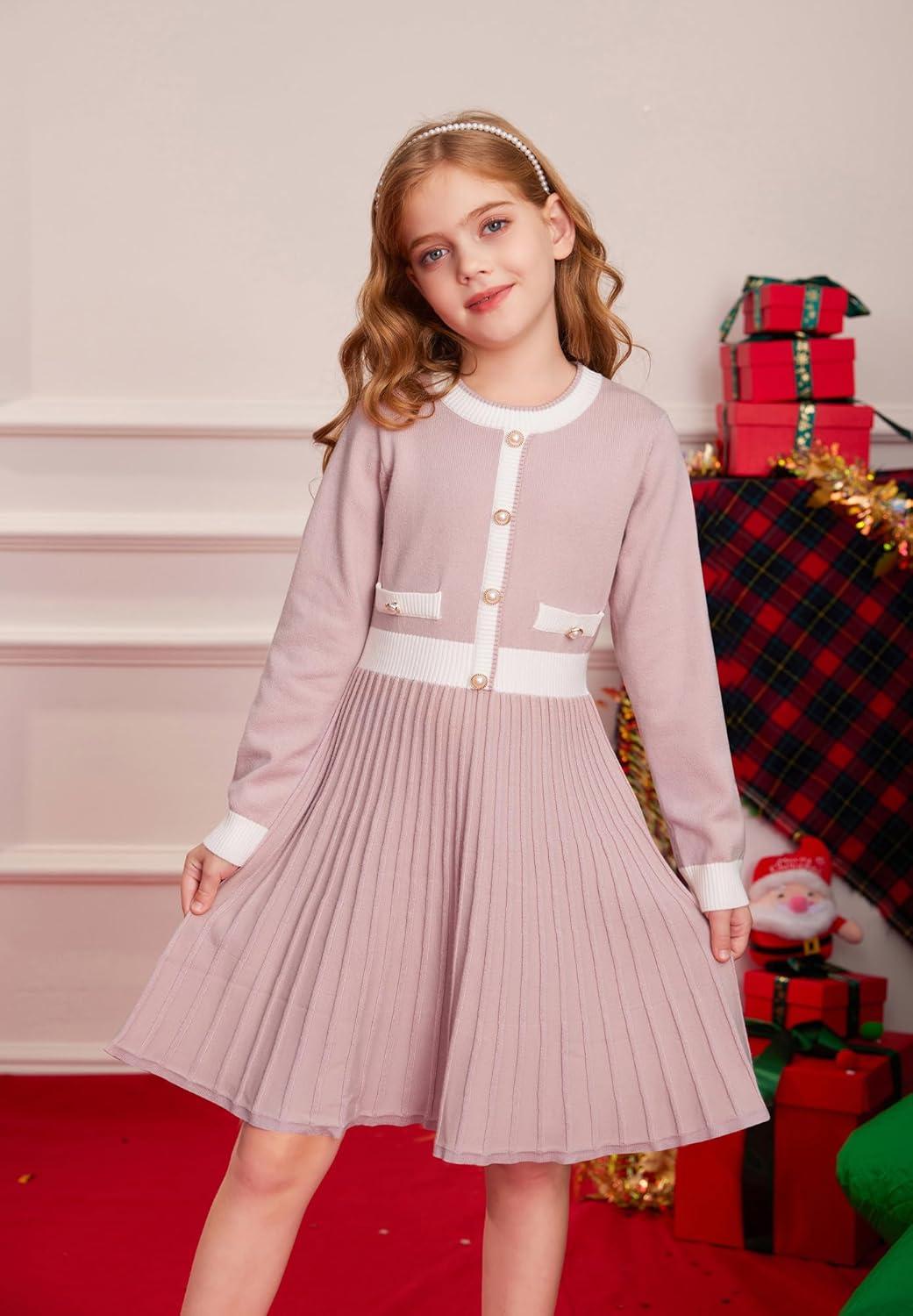 imageGRACE KARIN Girls Sweater Fall Dress Long Sleeve Knit A Line Contrast Casual Winter Dresses 614YPink