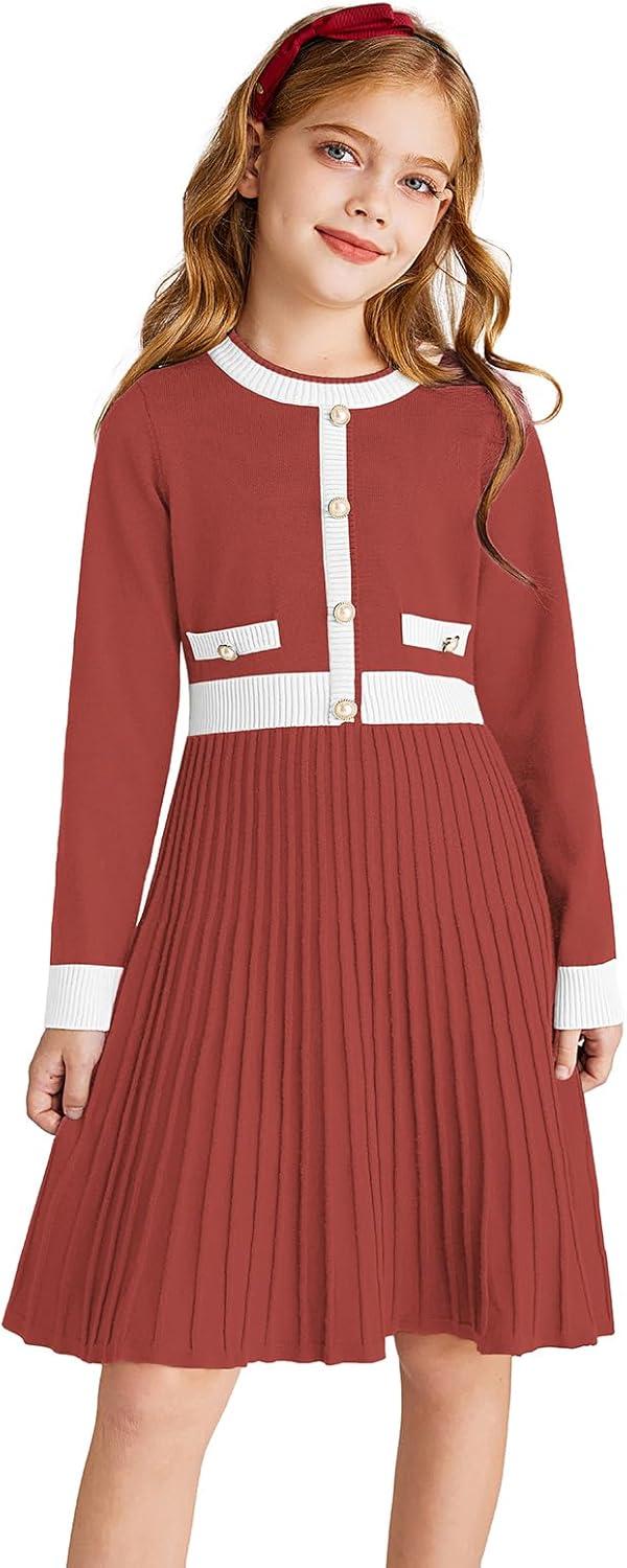 imageGRACE KARIN Girls Sweater Fall Dress Long Sleeve Knit A Line Contrast Casual Winter Dresses 614YReddish Brown