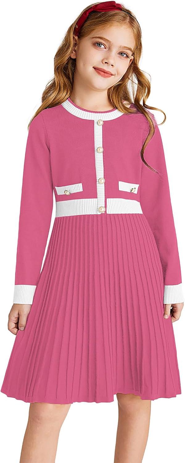 imageGRACE KARIN Girls Sweater Fall Dress Long Sleeve Knit A Line Contrast Casual Winter Dresses 614YRose Pink