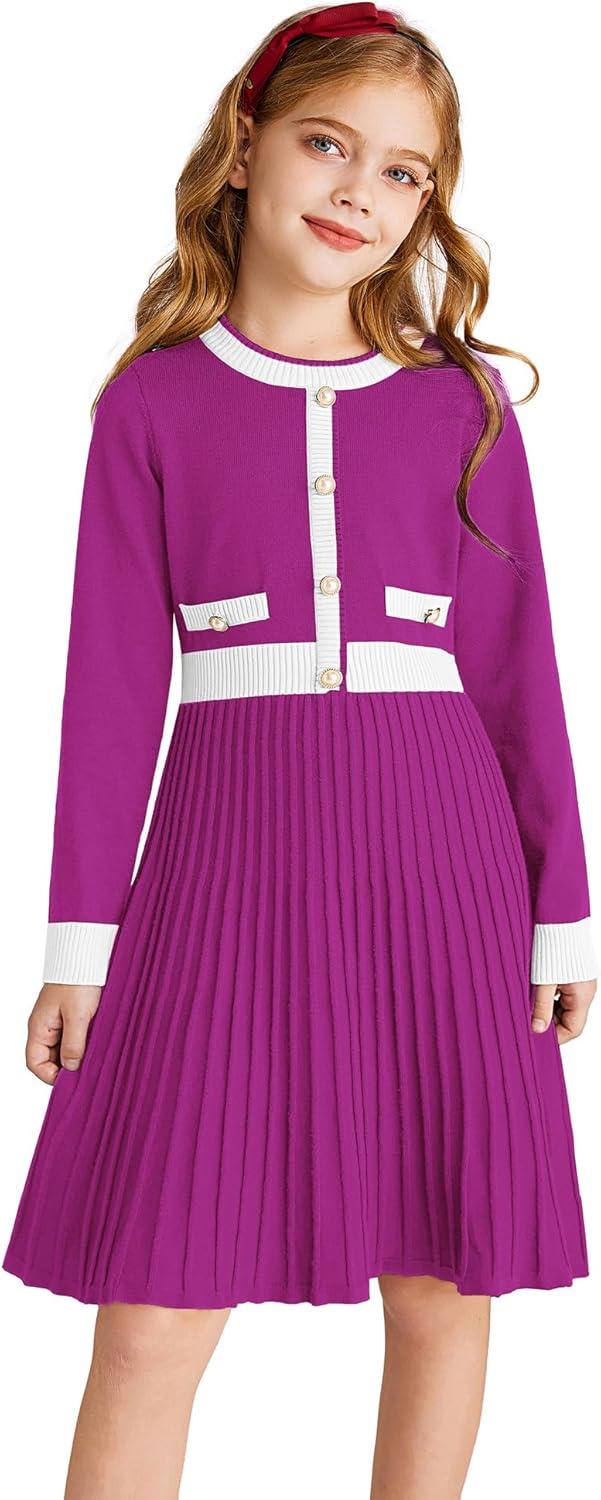 imageGRACE KARIN Girls Sweater Fall Dress Long Sleeve Knit A Line Contrast Casual Winter Dresses 614YRose Purple