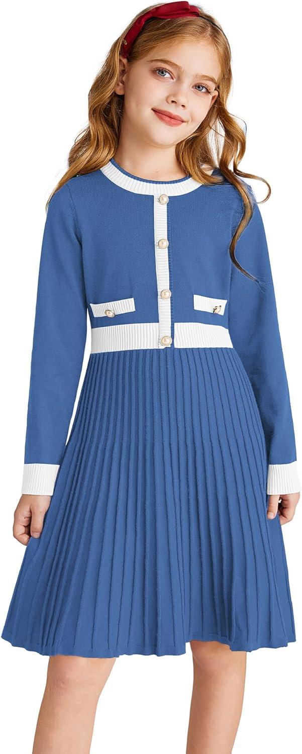 imageGRACE KARIN Girls Sweater Fall Dress Long Sleeve Knit A Line Contrast Casual Winter Dresses 614YRoyal Blue