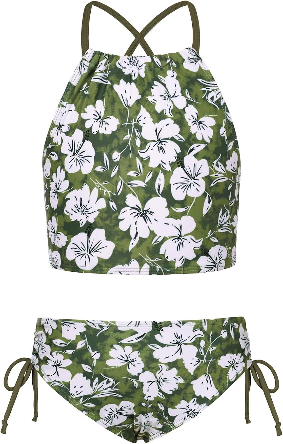 imageGRACE KARIN Girls Swimsuit Tankini Set Rash Guard Long Sleeve Swimsuit 4 Piece Bathing Suit Swimwear 514YArmy Green Floral
