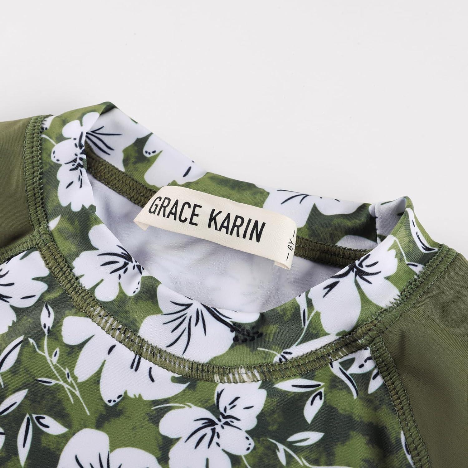 imageGRACE KARIN Girls Swimsuit Tankini Set Rash Guard Long Sleeve Swimsuit 4 Piece Bathing Suit Swimwear 514YArmy Green Floral