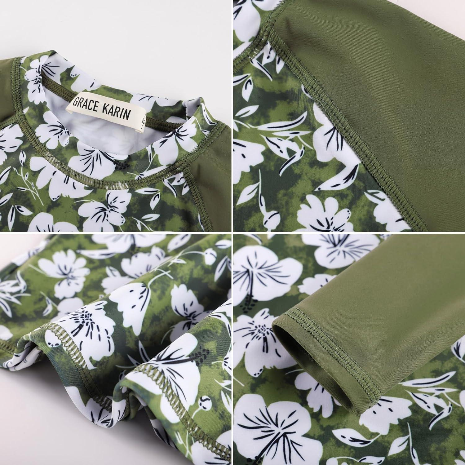 imageGRACE KARIN Girls Swimsuit Tankini Set Rash Guard Long Sleeve Swimsuit 4 Piece Bathing Suit Swimwear 514YArmy Green Floral