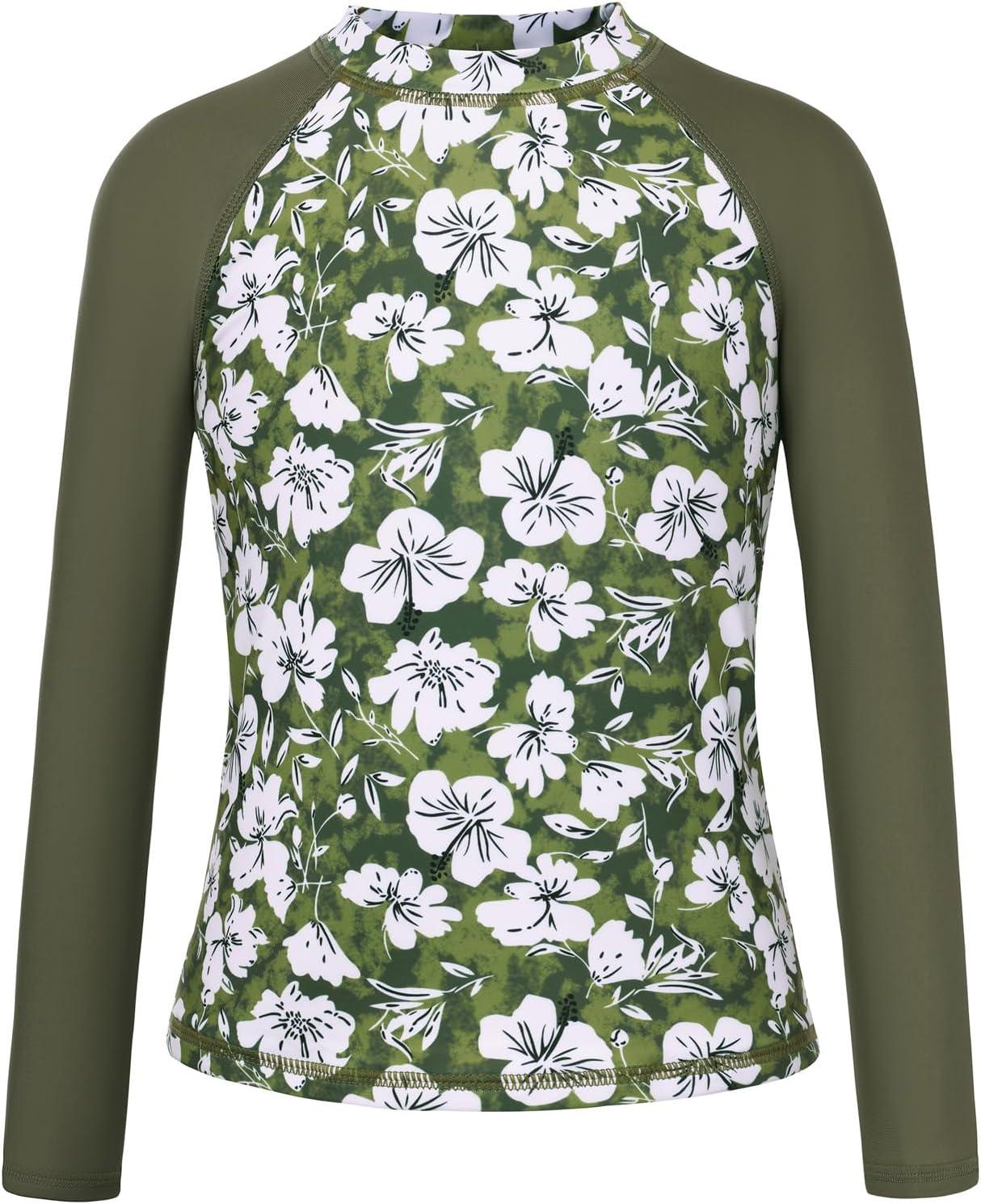 imageGRACE KARIN Girls Swimsuit Tankini Set Rash Guard Long Sleeve Swimsuit 4 Piece Bathing Suit Swimwear 514YArmy Green Floral