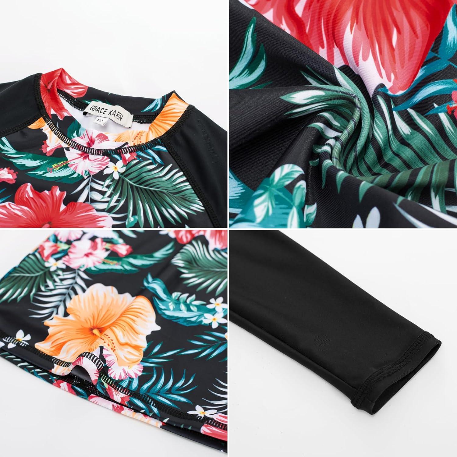 imageGRACE KARIN Girls Swimsuit Tankini Set Rash Guard Long Sleeve Swimsuit 4 Piece Bathing Suit Swimwear 514YBlack Floral