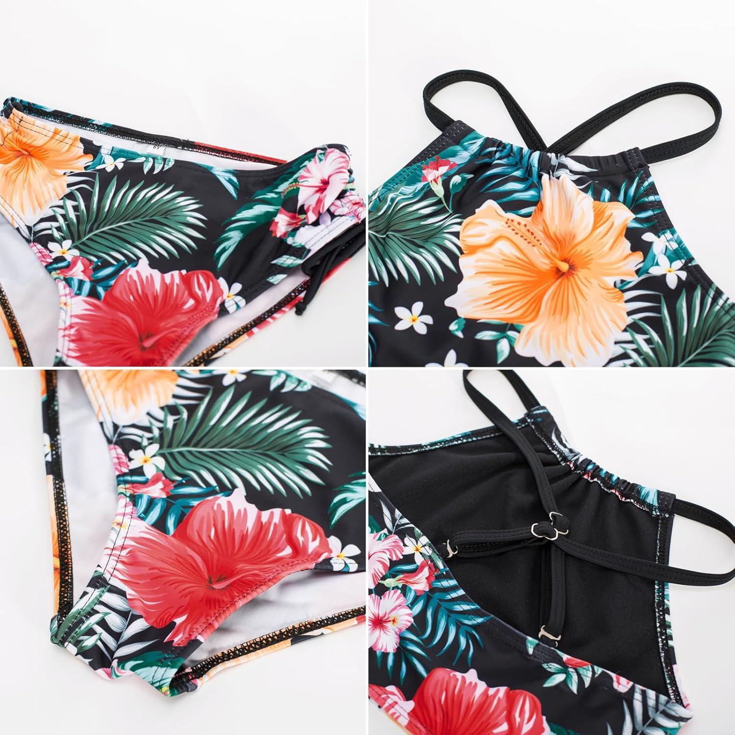 imageGRACE KARIN Girls Swimsuit Tankini Set Rash Guard Long Sleeve Swimsuit 4 Piece Bathing Suit Swimwear 514YBlack Floral