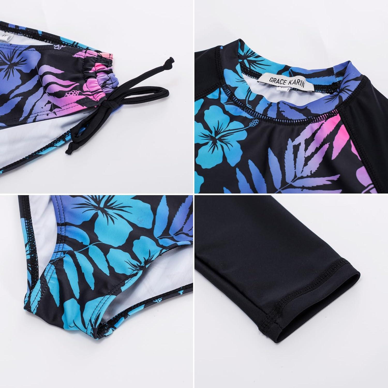 imageGRACE KARIN Girls Swimsuit Tankini Set Rash Guard Long Sleeve Swimsuit 4 Piece Bathing Suit Swimwear 514YBlack Leaves