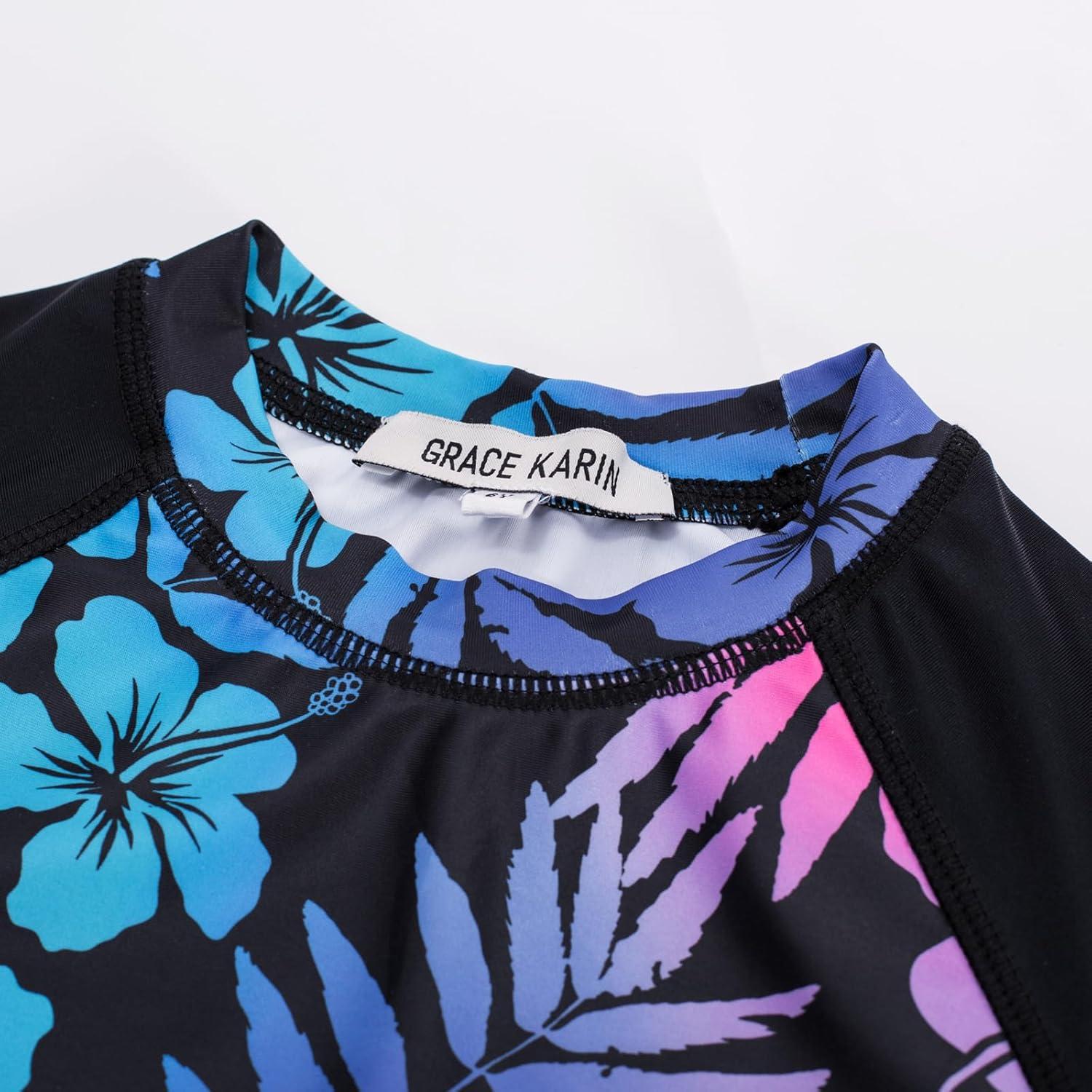 imageGRACE KARIN Girls Swimsuit Tankini Set Rash Guard Long Sleeve Swimsuit 4 Piece Bathing Suit Swimwear 514YBlack Leaves