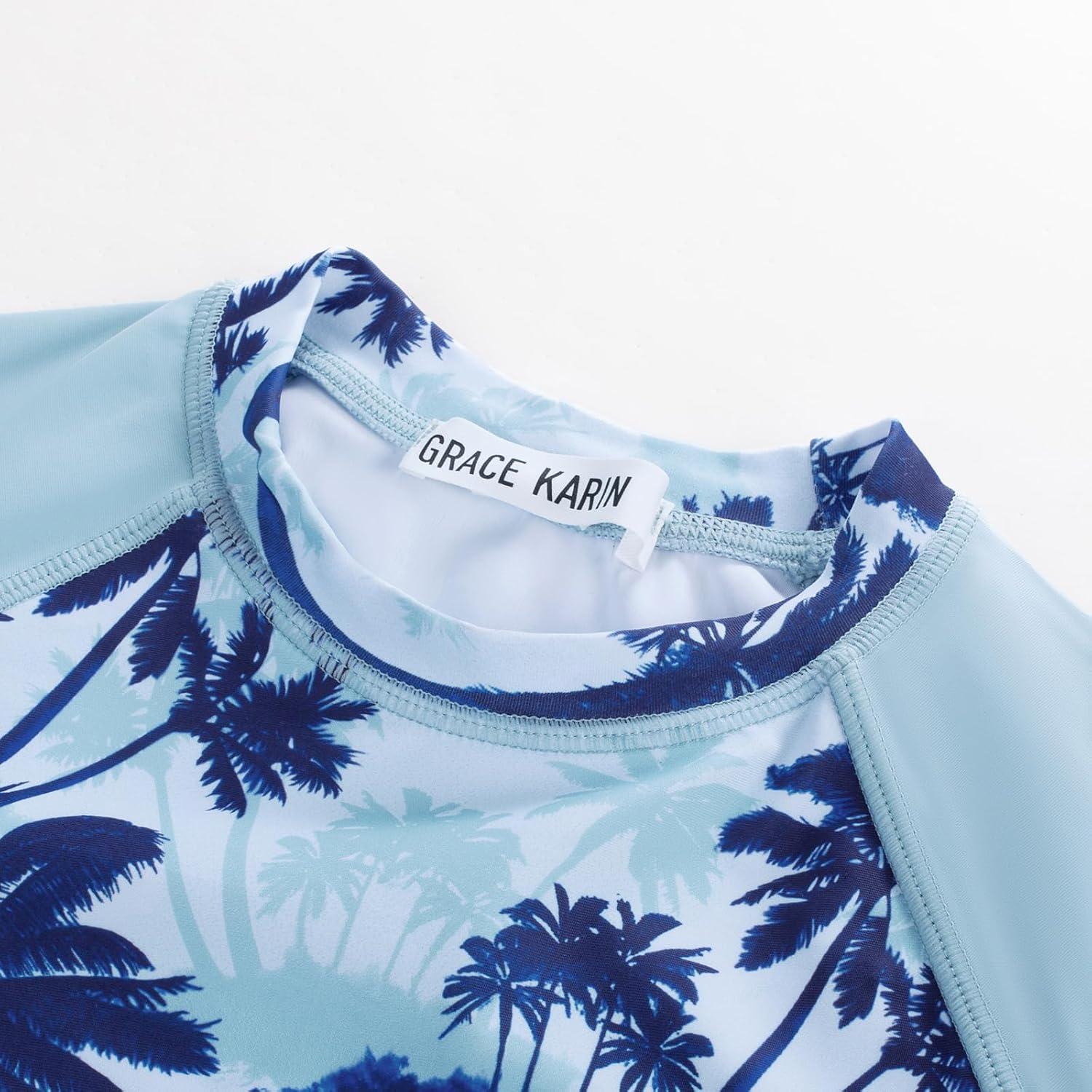imageGRACE KARIN Girls Swimsuit Tankini Set Rash Guard Long Sleeve Swimsuit 4 Piece Bathing Suit Swimwear 514YBlue Coconut Tree
