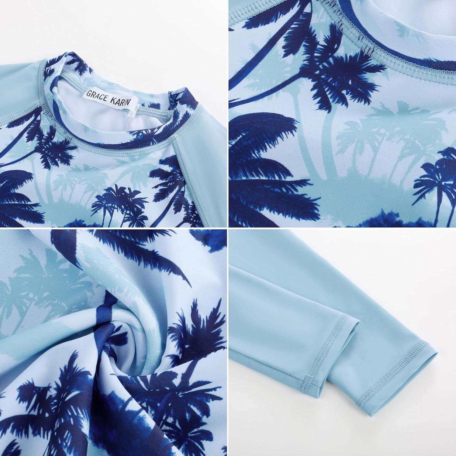 imageGRACE KARIN Girls Swimsuit Tankini Set Rash Guard Long Sleeve Swimsuit 4 Piece Bathing Suit Swimwear 514YBlue Coconut Tree