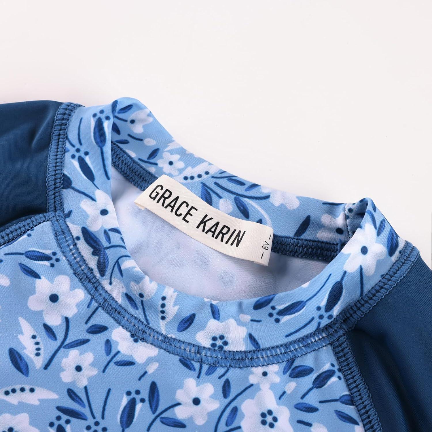 imageGRACE KARIN Girls Swimsuit Tankini Set Rash Guard Long Sleeve Swimsuit 4 Piece Bathing Suit Swimwear 514YGray Blue Floral