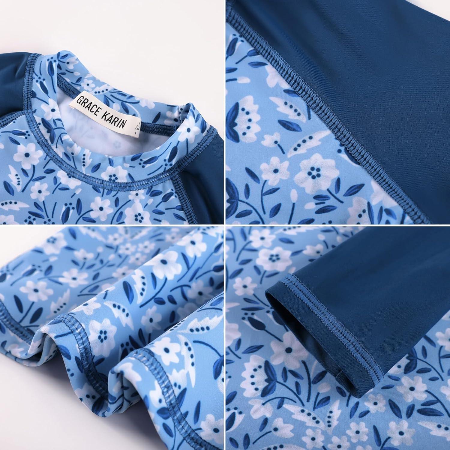imageGRACE KARIN Girls Swimsuit Tankini Set Rash Guard Long Sleeve Swimsuit 4 Piece Bathing Suit Swimwear 514YGray Blue Floral