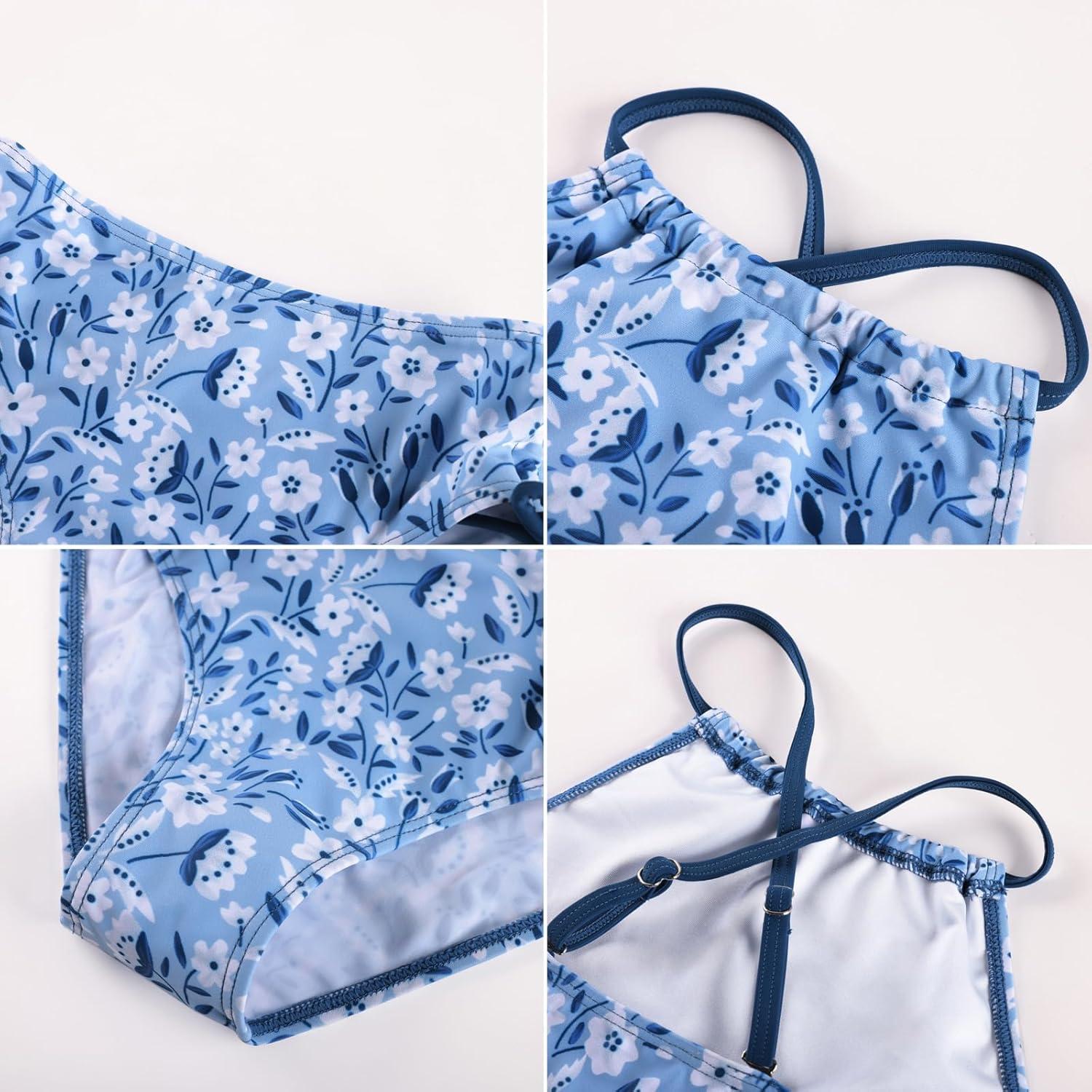 imageGRACE KARIN Girls Swimsuit Tankini Set Rash Guard Long Sleeve Swimsuit 4 Piece Bathing Suit Swimwear 514YGray Blue Floral