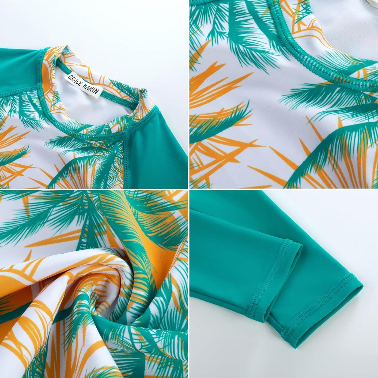 imageGRACE KARIN Girls Swimsuit Tankini Set Rash Guard Long Sleeve Swimsuit 4 Piece Bathing Suit Swimwear 514YGreen Blue Coconut Tree