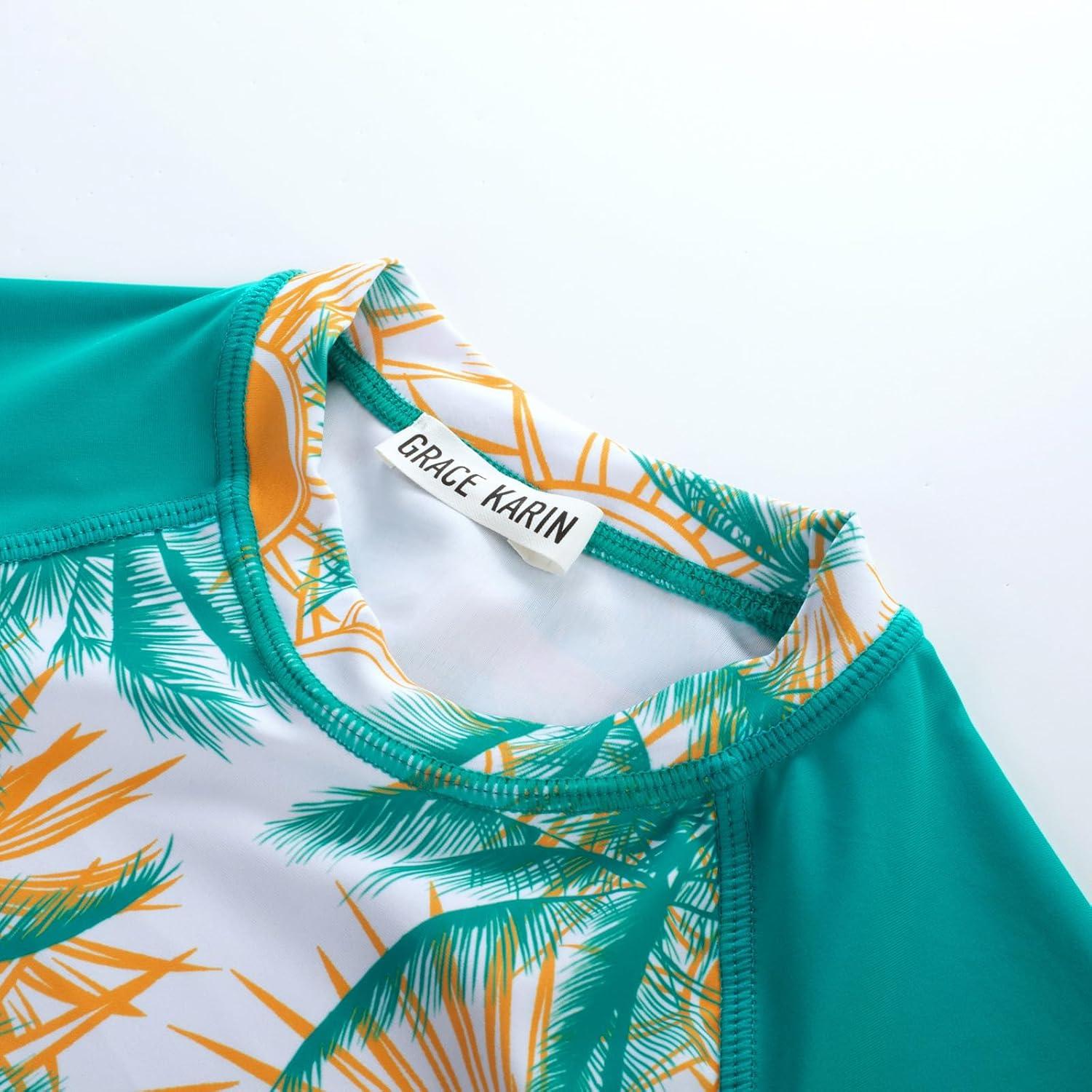 imageGRACE KARIN Girls Swimsuit Tankini Set Rash Guard Long Sleeve Swimsuit 4 Piece Bathing Suit Swimwear 514YGreen Blue Coconut Tree